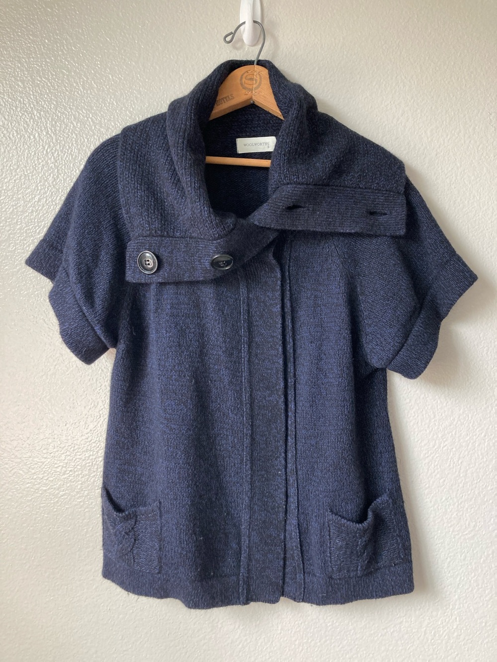 Vintage Y2k Woolworths short sleeve funnel cowl neck cardigan Twee sweater sz S